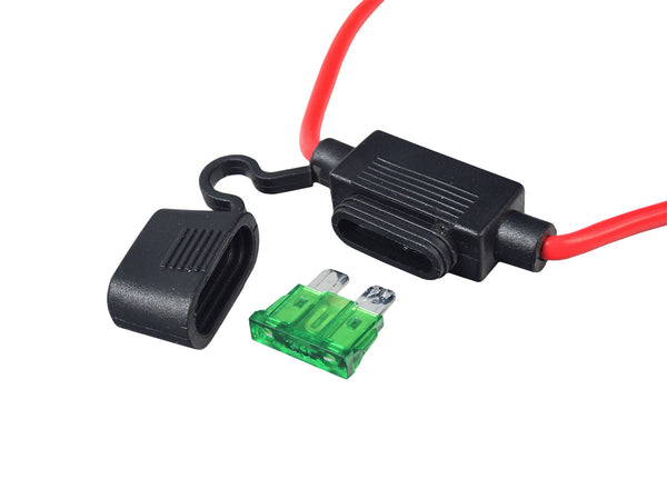 In-line 30 Amp ATM Blade Fuse Holder with Wire & 1/4" Battery Terminal Connectors