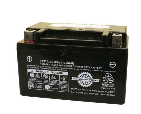 Universal Parts 12V 6AH Battery YTX7A-BS - Factory Activated